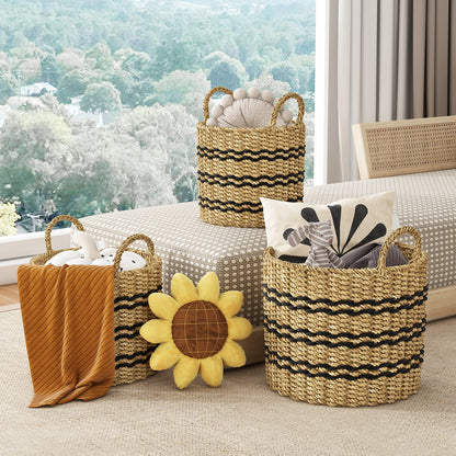 Seagrass Basket Set of 3 Stackable Storage Bins with Handles Woven Round Basket-S