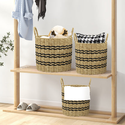 Seagrass Basket Set of 3 Stackable Storage Bins with Handles Woven Round Basket-S