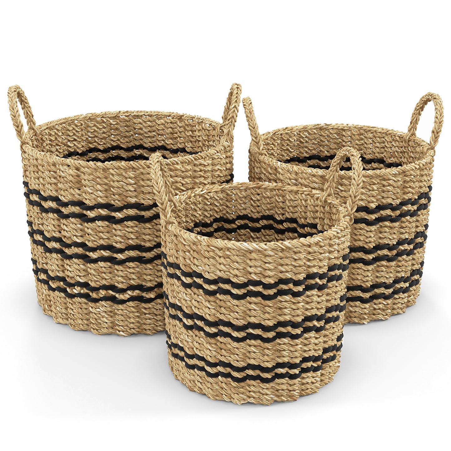 Seagrass Basket Set of 3 Stackable Storage Bins with Handles Woven Round Basket-S Kids Crystal