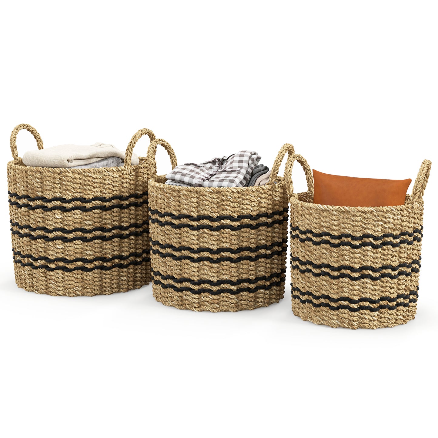 Seagrass Basket Set of 3 Stackable Storage Bins with Handles Woven Round Basket-S Kids Crystal