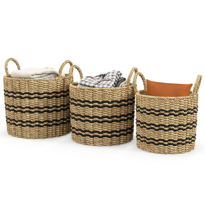 Seagrass Basket Set of 3 Stackable Storage Bins with Handles Woven Round Basket-S