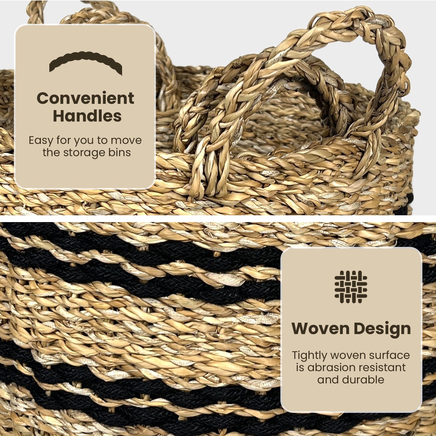 Seagrass Basket Set of 3 Stackable Storage Bins with Handles Woven Round Basket-S Kids Crystal