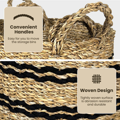 Seagrass Basket Set of 3 Stackable Storage Bins with Handles Woven Round Basket-S
