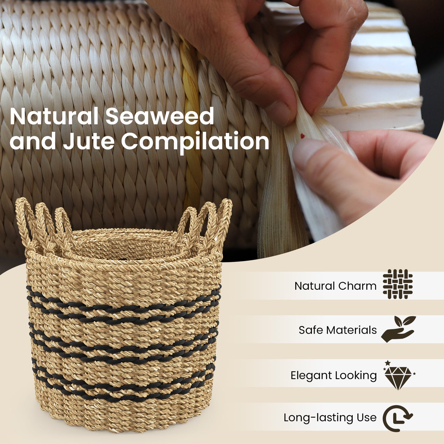 Seagrass Basket Set of 3 Stackable Storage Bins with Handles Woven Round Basket-S Kids Crystal