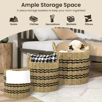 Seagrass Basket Set of 3 Stackable Storage Bins with Handles Woven Round Basket-S
