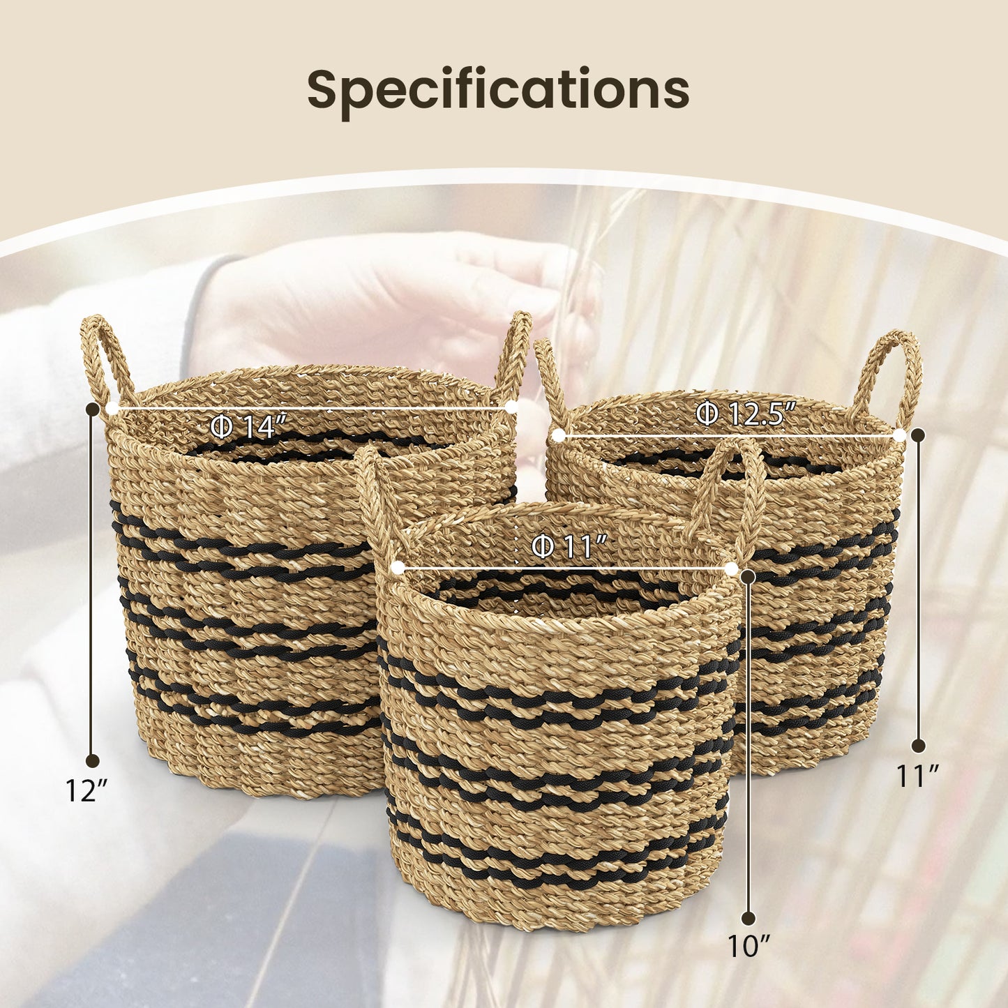 Seagrass Basket Set of 3 Stackable Storage Bins with Handles Woven Round Basket-S Kids Crystal