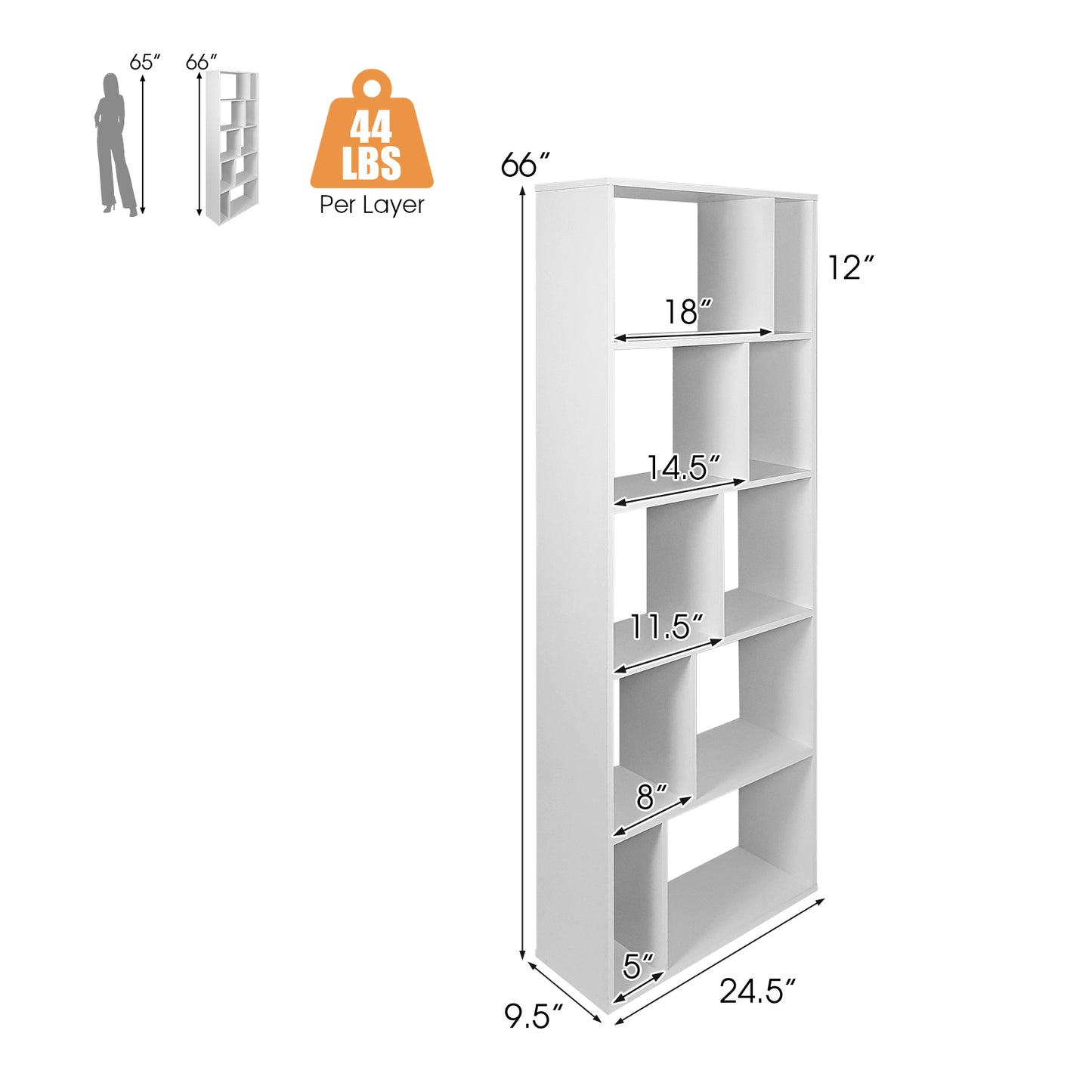 66 Inch Tall 5 Tiers Wood Bookshelf with 10 Open Compartments-White Kids Crystal