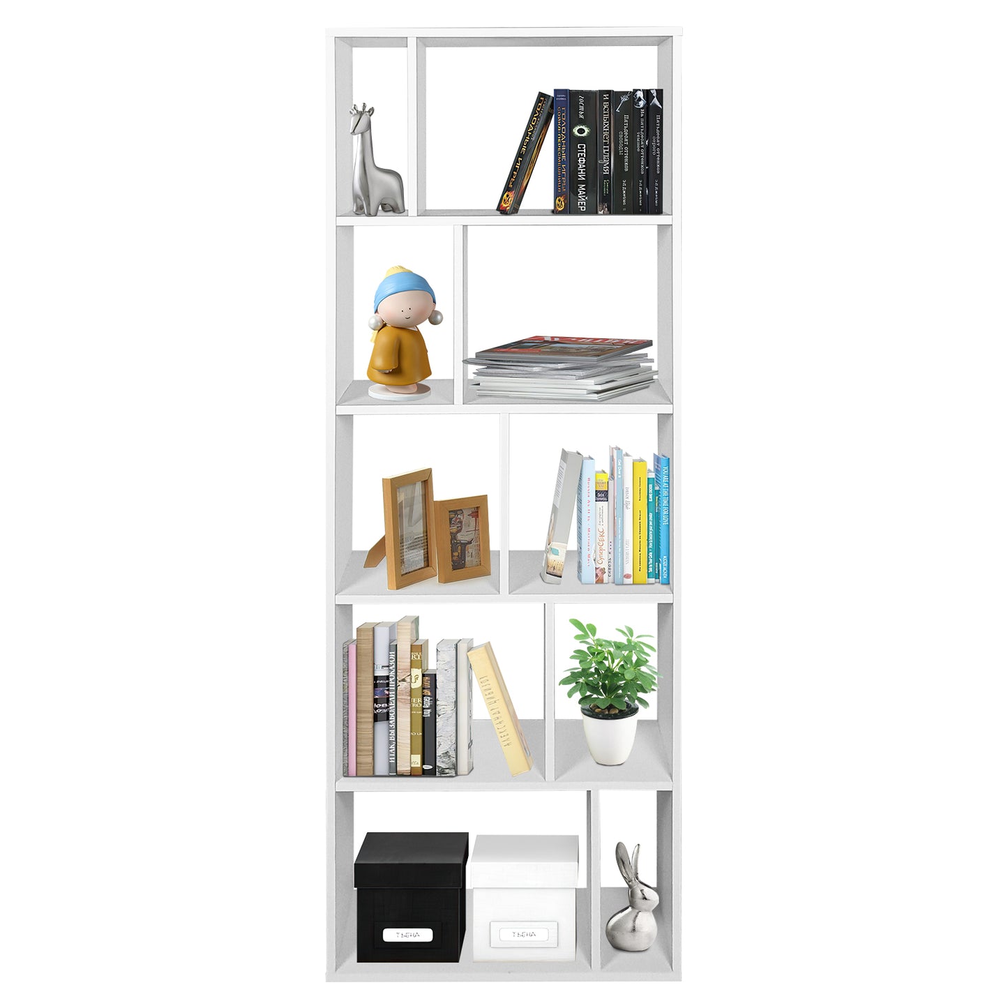 66 Inch Tall 5 Tiers Wood Bookshelf with 10 Open Compartments-White Kids Crystal