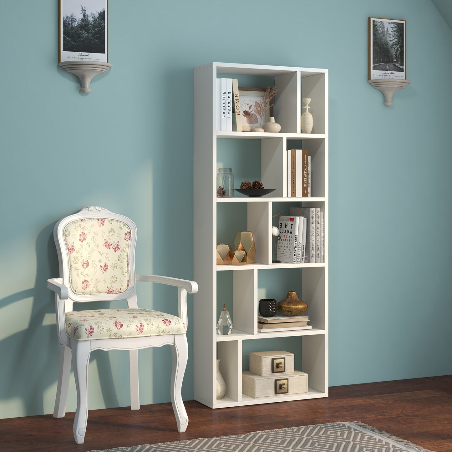 66 Inch Tall 5 Tiers Wood Bookshelf with 10 Open Compartments-White Kids Crystal