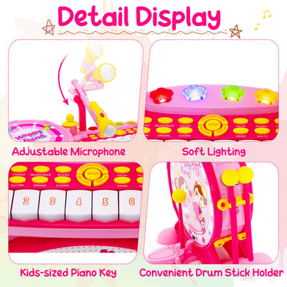 2-in-1 Kids Electronic Drum and Keyboard Set with Stool-Pink