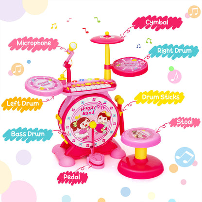 2-in-1 Kids Electronic Drum and Keyboard Set with Stool-Pink