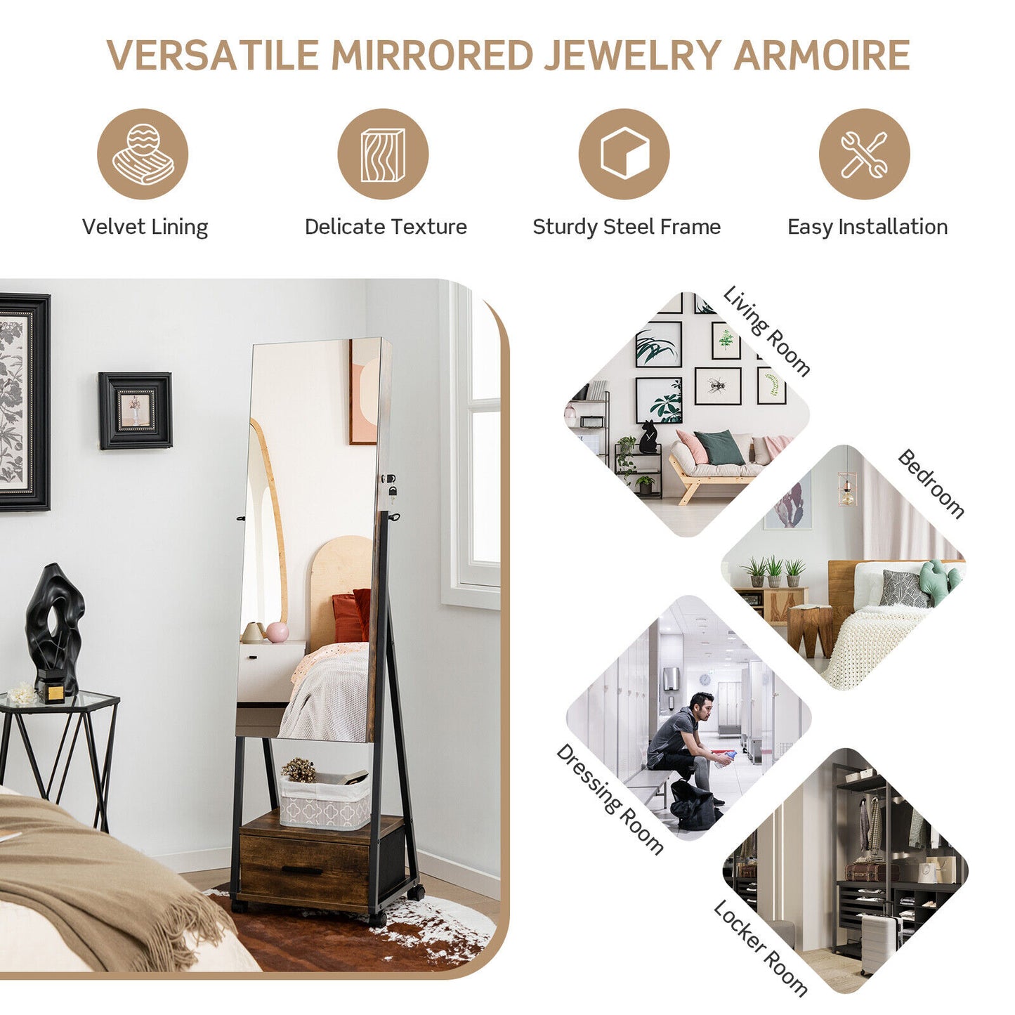 Jewelry Cabinet with Full Length Mirror-Brown Kids Crystal