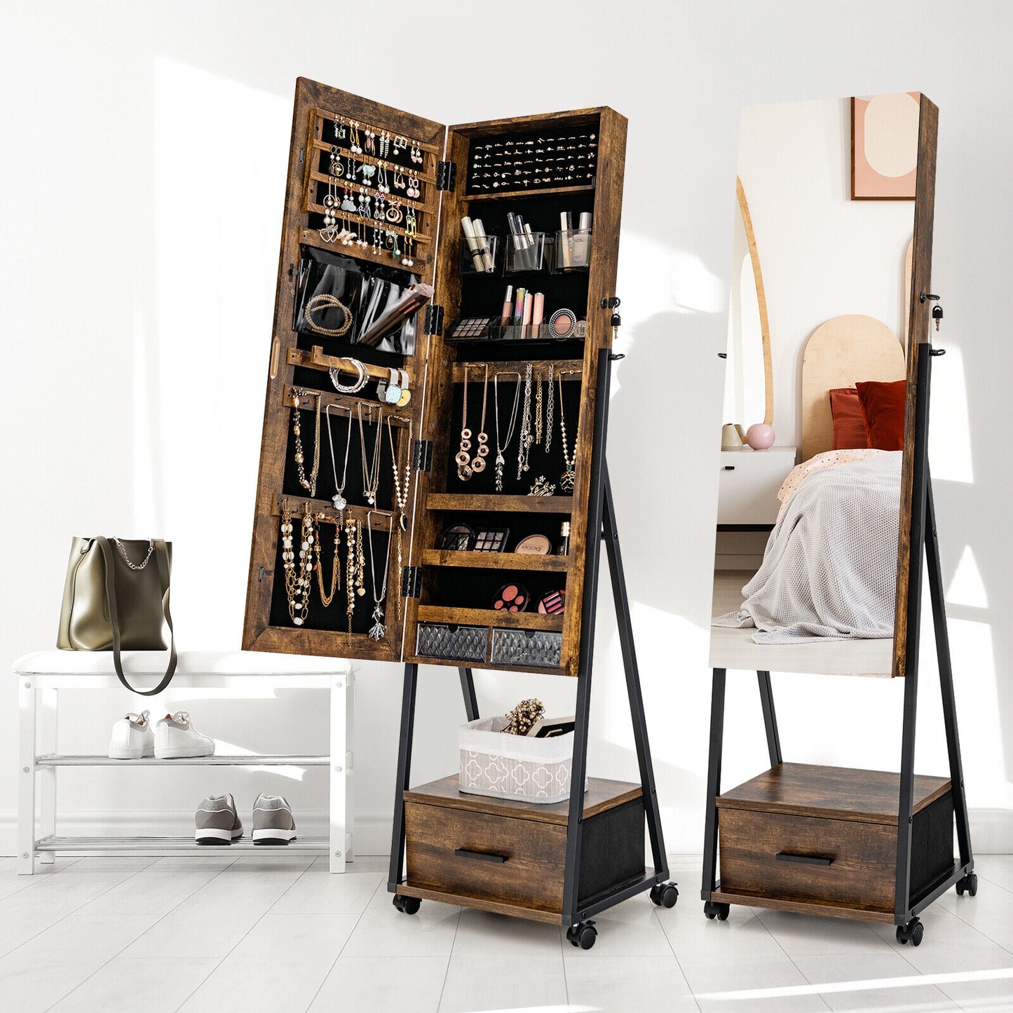 Jewelry Cabinet with Full Length Mirror-Brown Kids Crystal