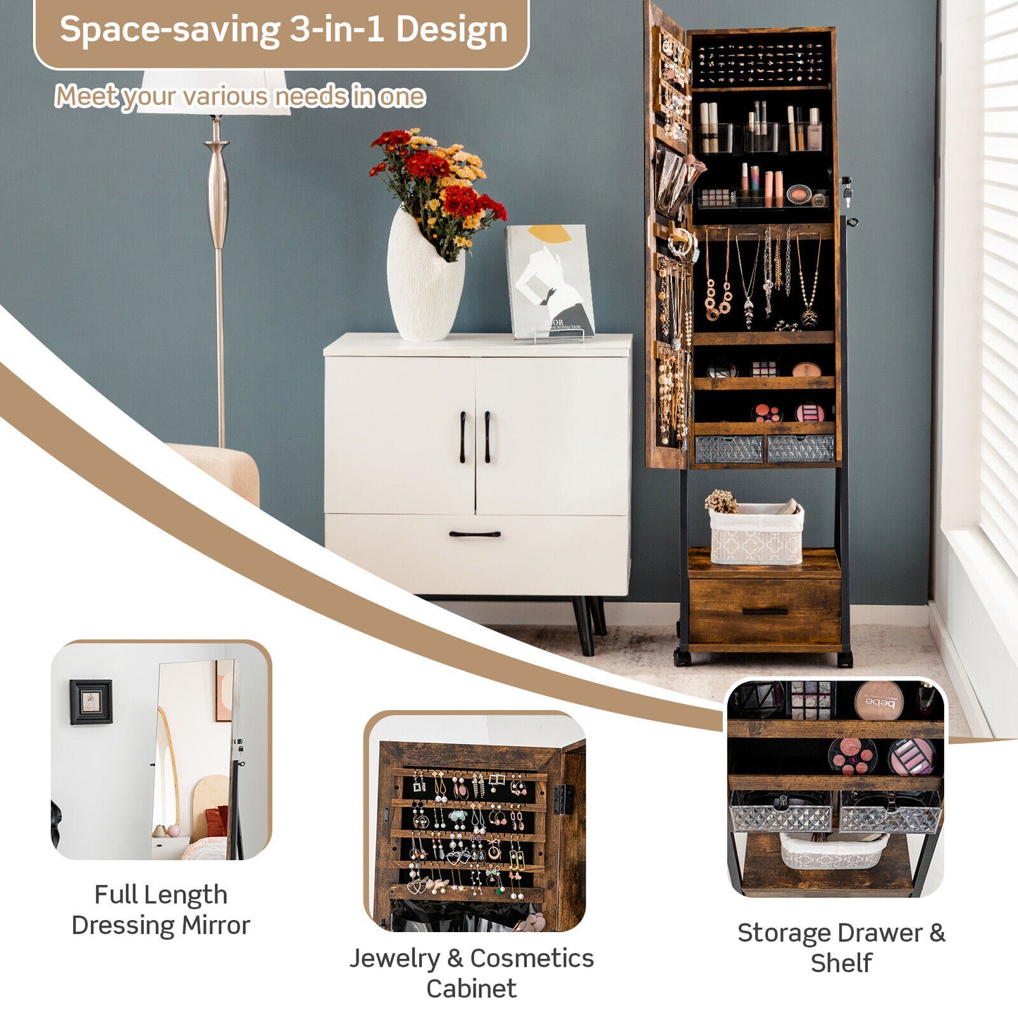 Jewelry Cabinet with Full Length Mirror-Brown Kids Crystal