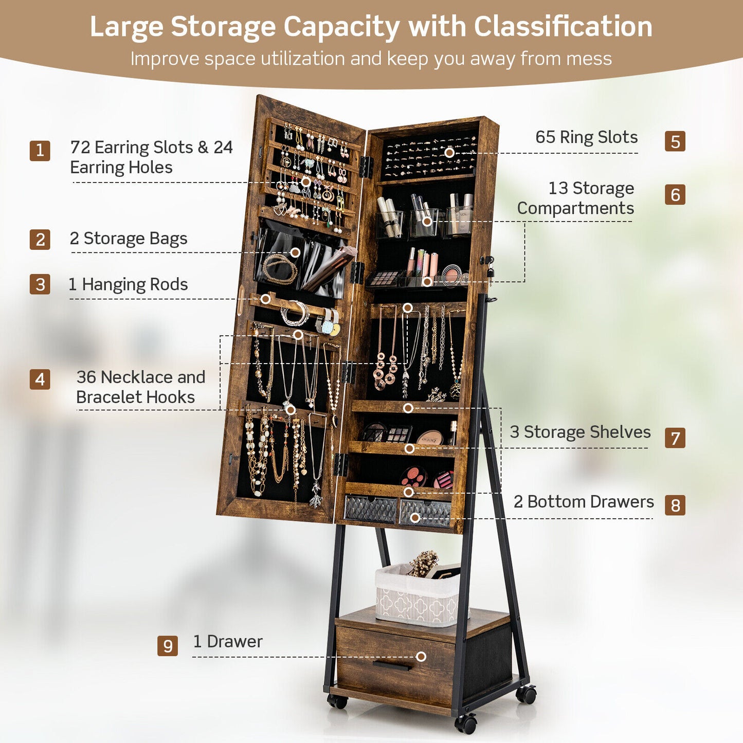 Jewelry Cabinet with Full Length Mirror-Brown Kids Crystal