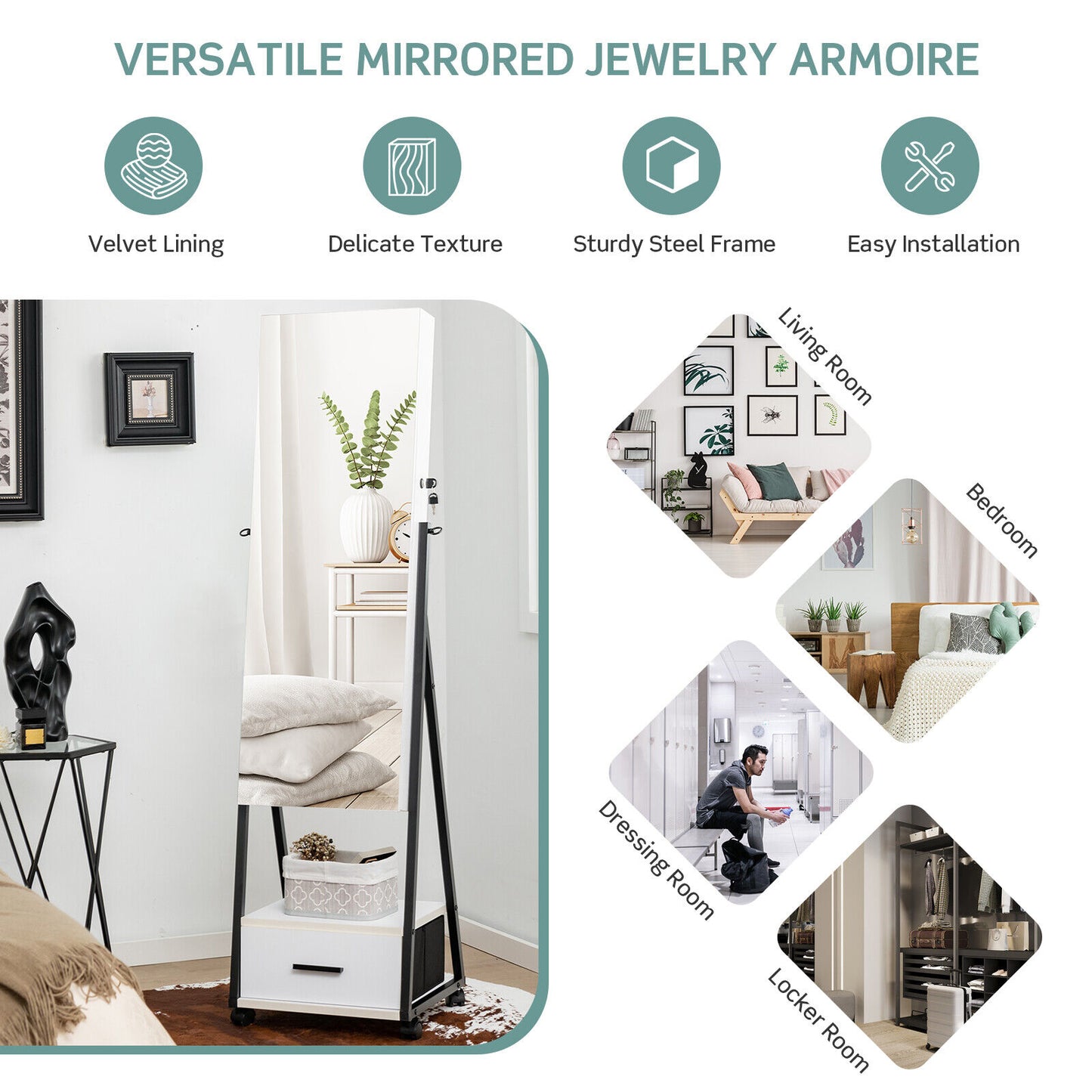 Jewelry Cabinet with Full-Length Mirror-White Kids Crystal
