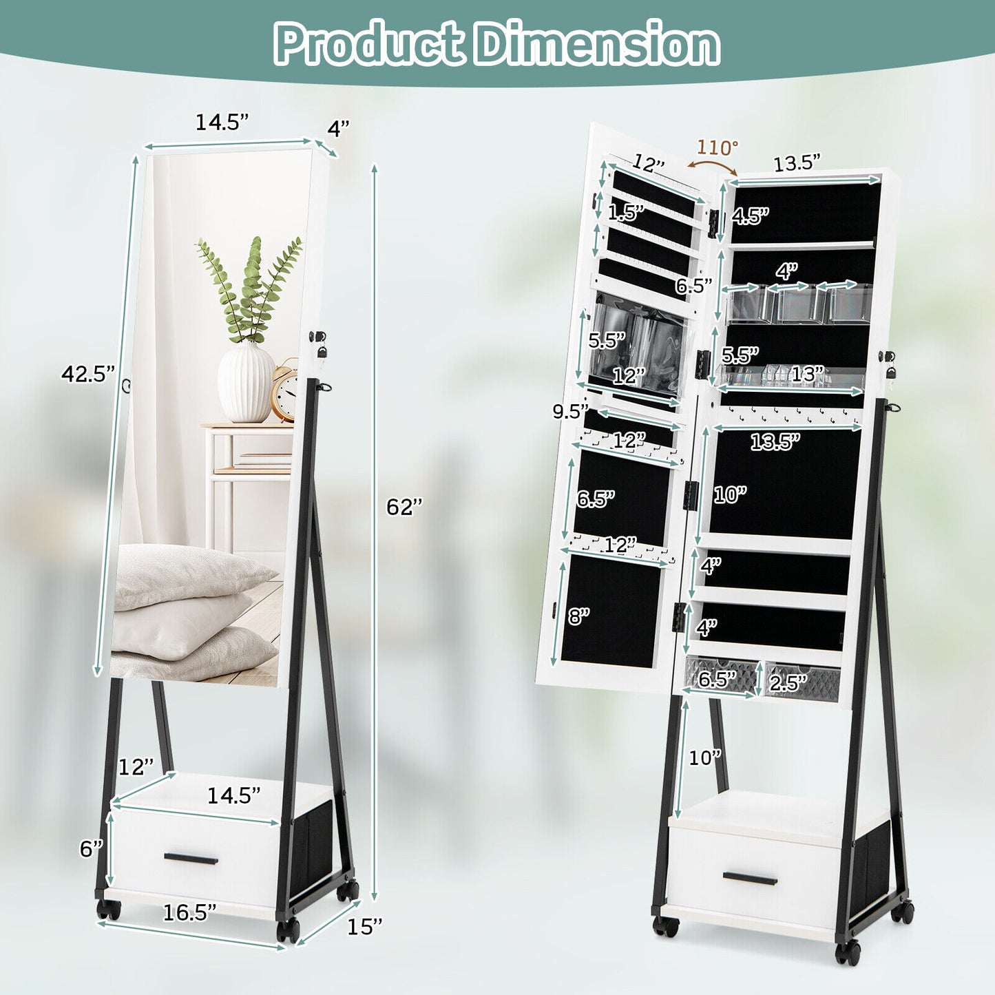 Jewelry Cabinet with Full-Length Mirror-White Kids Crystal