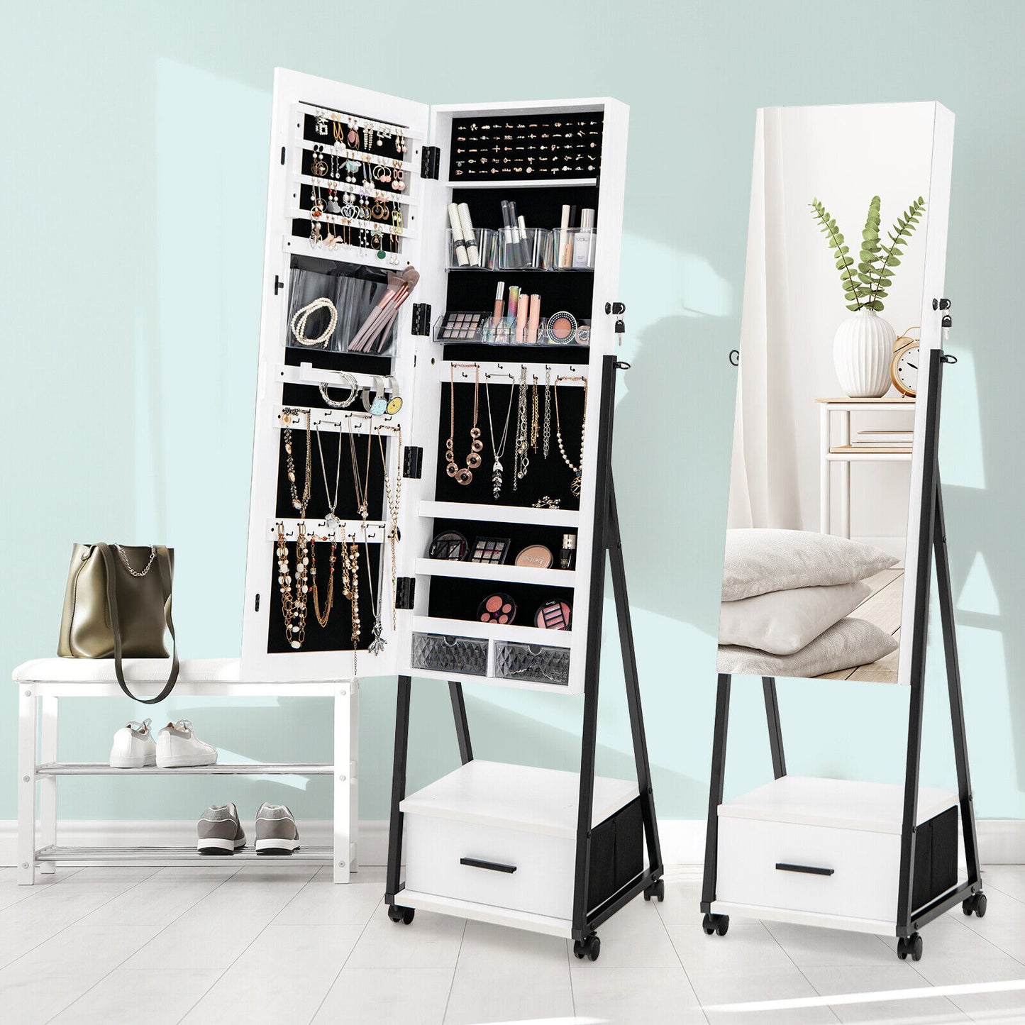 Jewelry Cabinet with Full-Length Mirror-White Kids Crystal