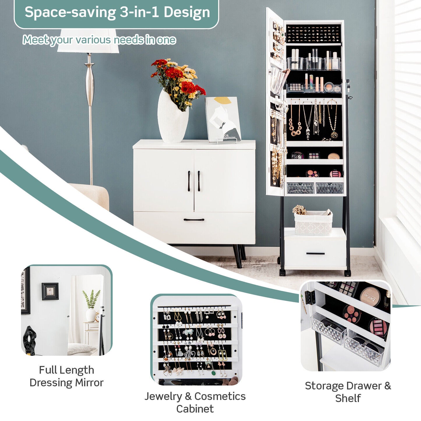 Jewelry Cabinet with Full-Length Mirror-White Kids Crystal