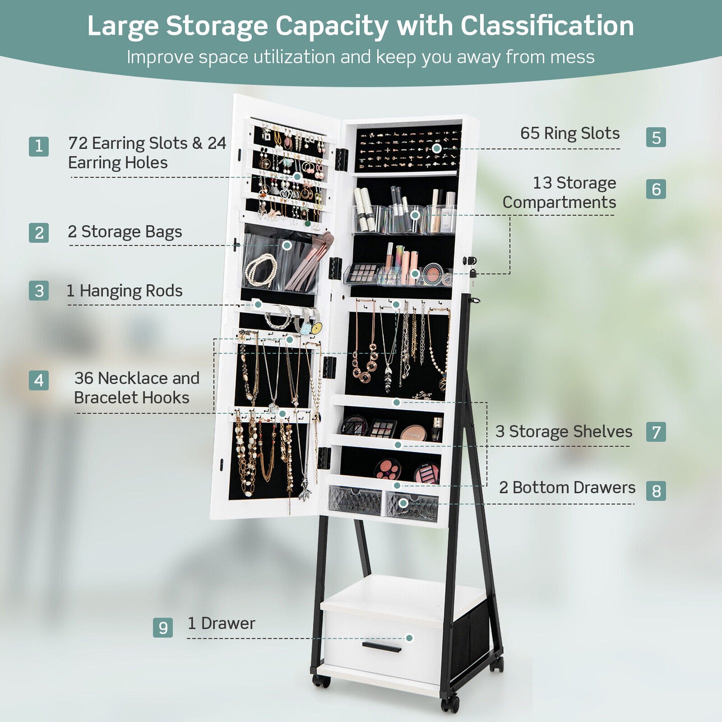 Jewelry Cabinet with Full-Length Mirror-White Kids Crystal