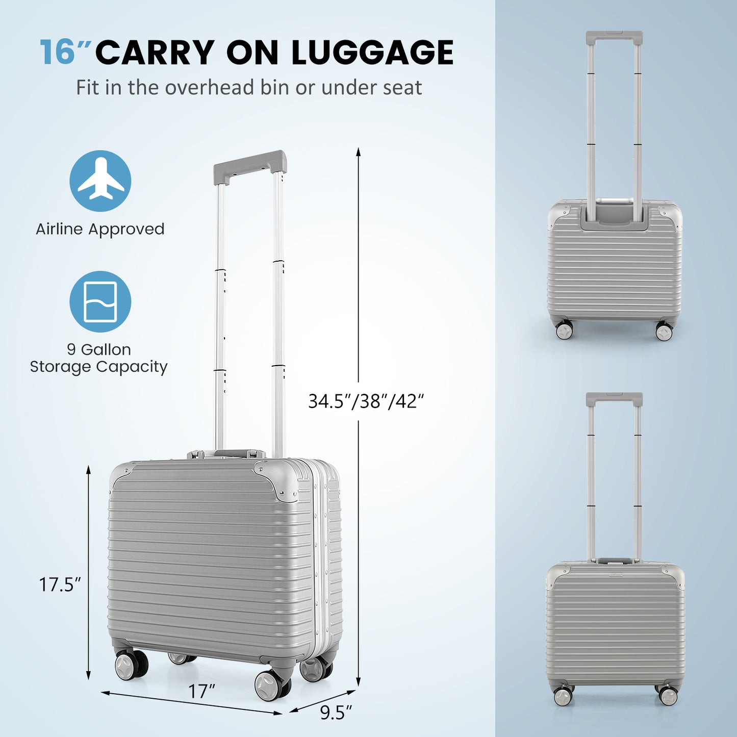 16 Inch Under-seat Carry On Luggage with Spinner Wheels and Laptop Compartment-Sliver Kids Crystal