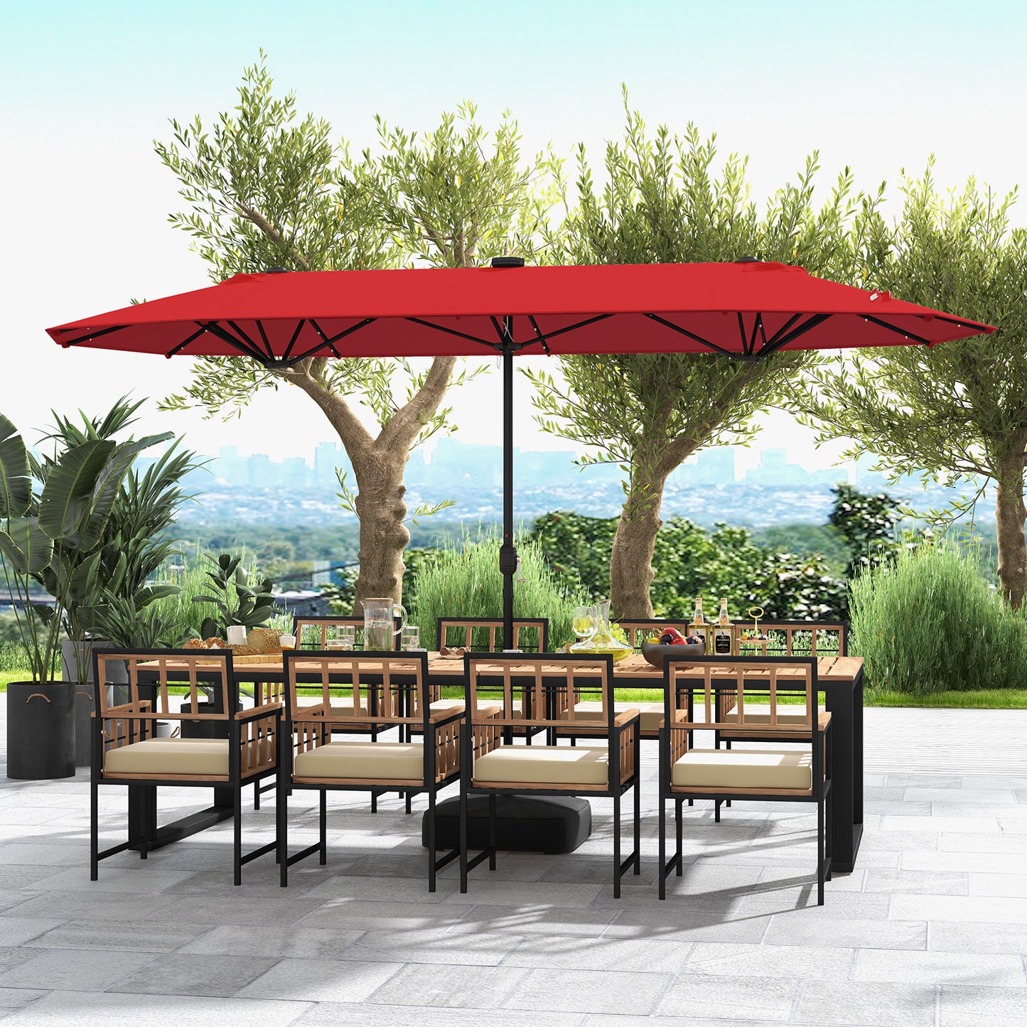 13FT Double-sided Patio Umbrella with Solar Lights for Garden Pool Backyard-Red Kids Crystal