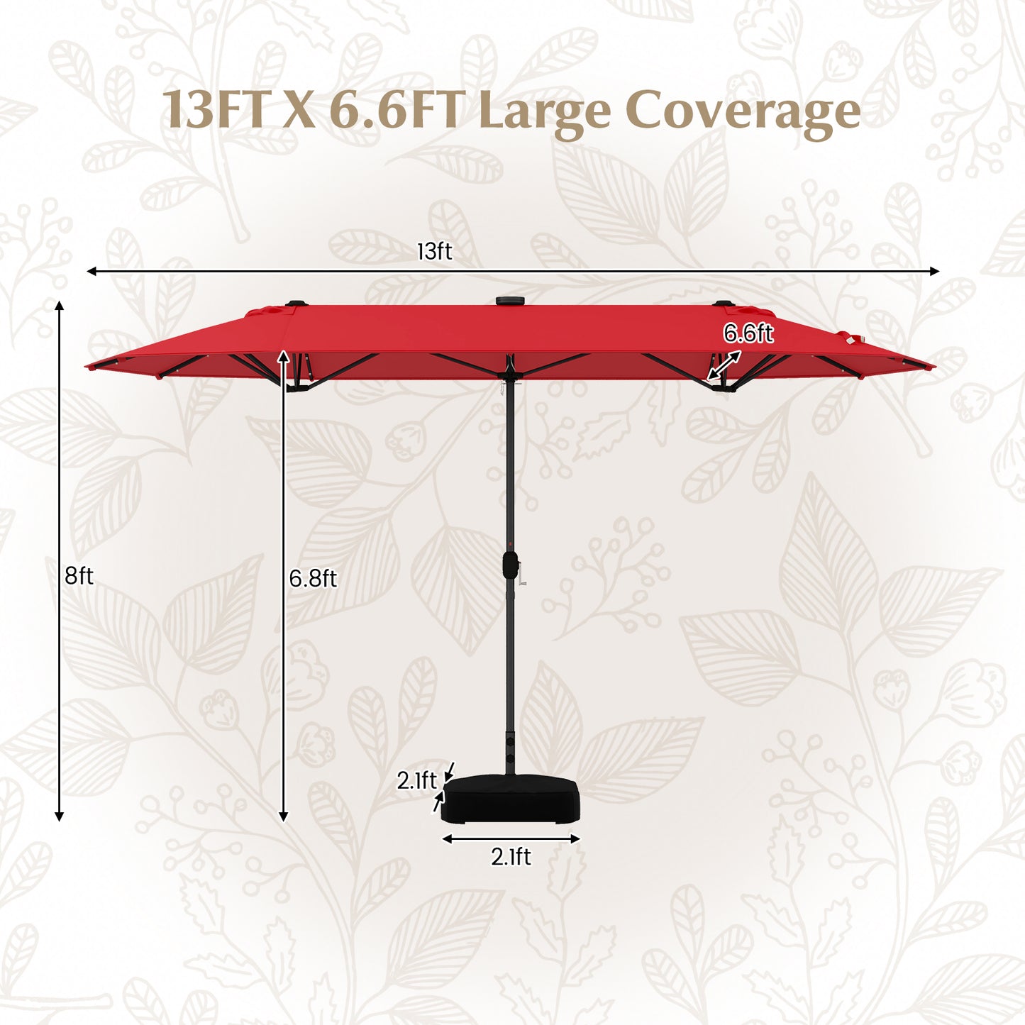 13FT Double-sided Patio Umbrella with Solar Lights for Garden Pool Backyard-Red Kids Crystal