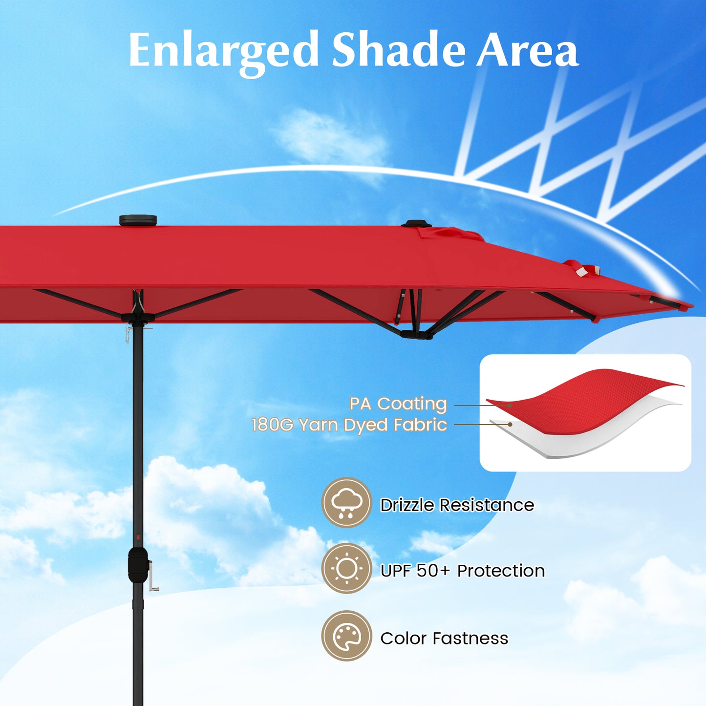 13FT Double-sided Patio Umbrella with Solar Lights for Garden Pool Backyard-Red Kids Crystal