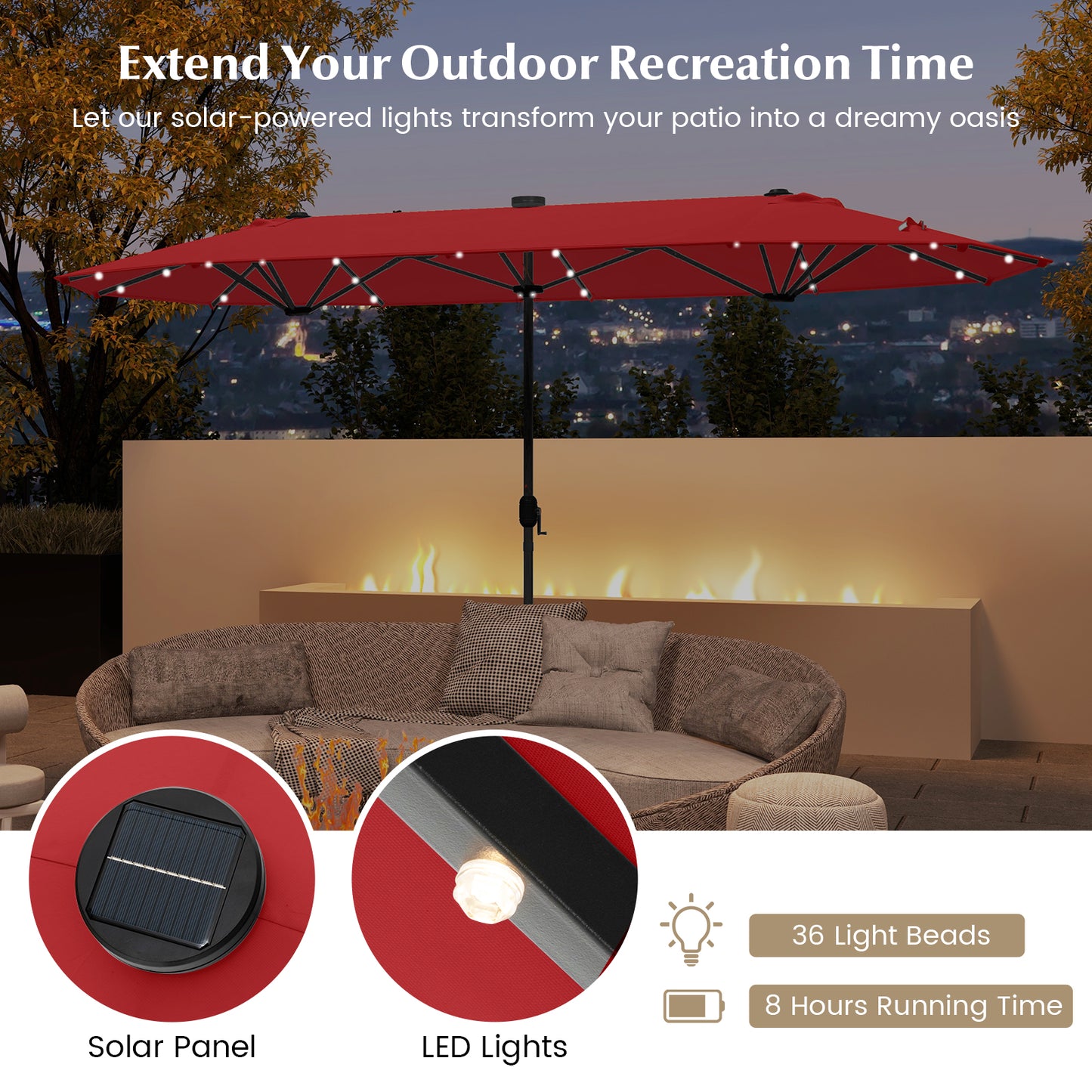 13FT Double-sided Patio Umbrella with Solar Lights for Garden Pool Backyard-Red Kids Crystal