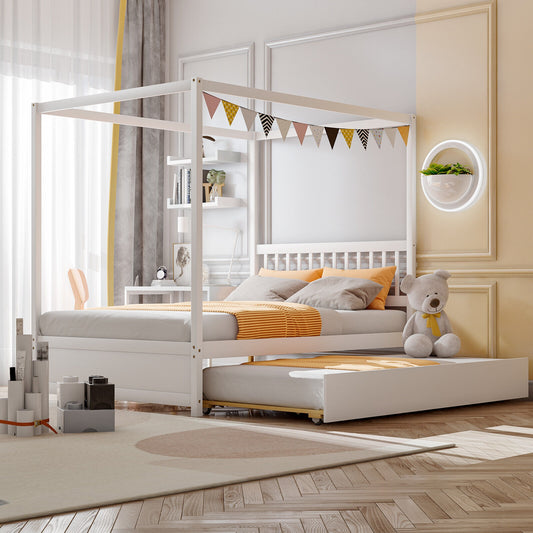 Full Size Canopy Bed with Trundle Wooden Platform Bed Frame Headboard-White Kids Crystal