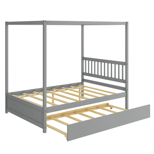 Full Size Canopy Bed with Trundle Wooden Platform Bed Frame Headboard-Gray Kids Crystal