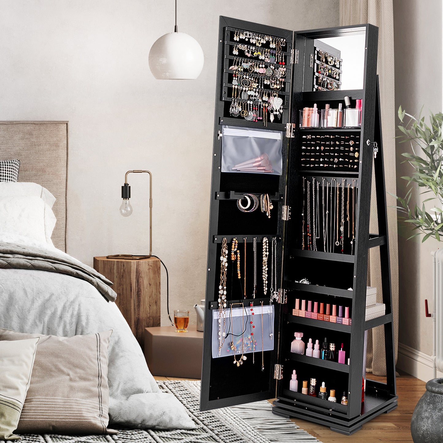 360° Rotatable 2-in-1 Lockable Jewelry Cabinet with Full-Length Mirror-Black Kids Crystal