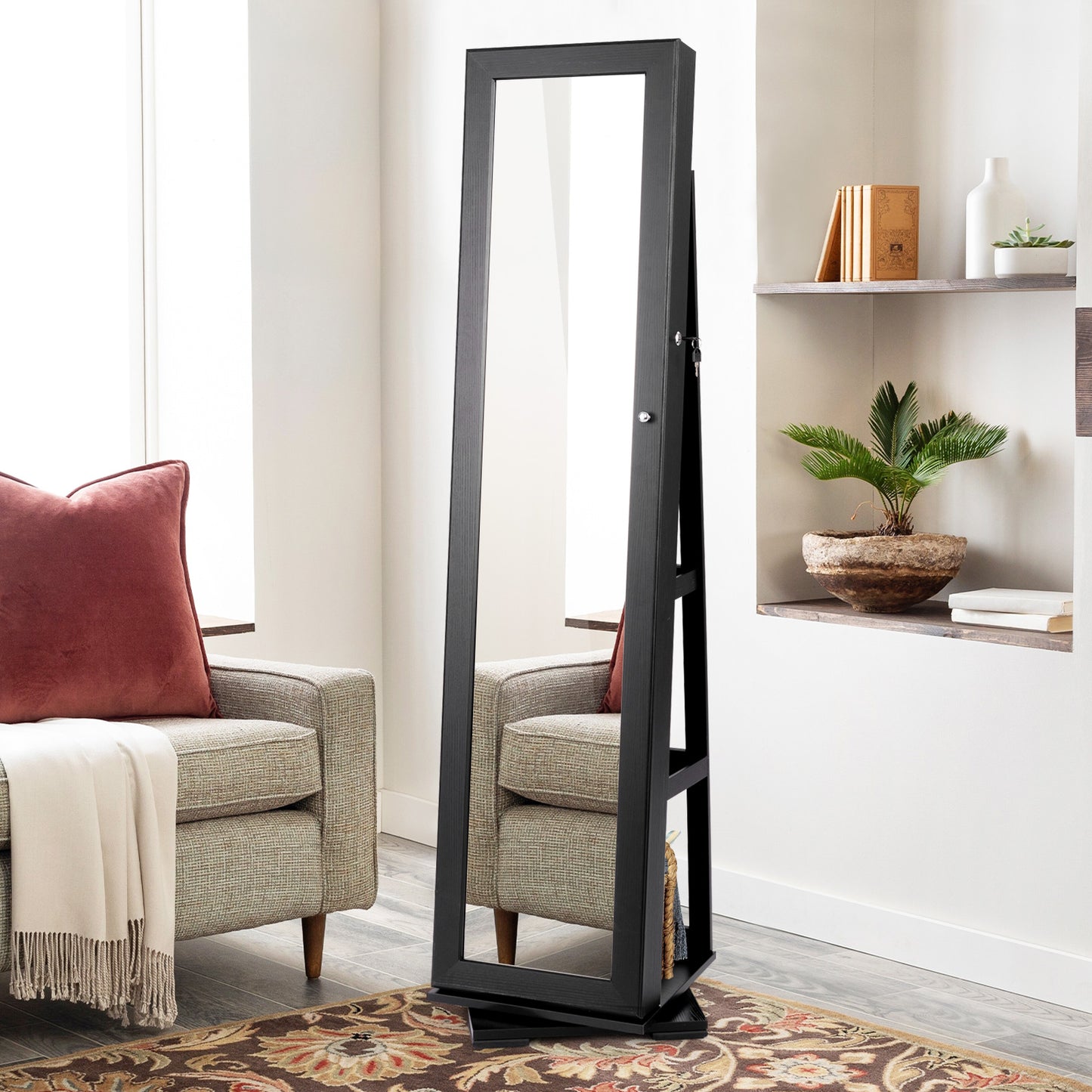 360° Rotatable 2-in-1 Lockable Jewelry Cabinet with Full-Length Mirror-Black Kids Crystal