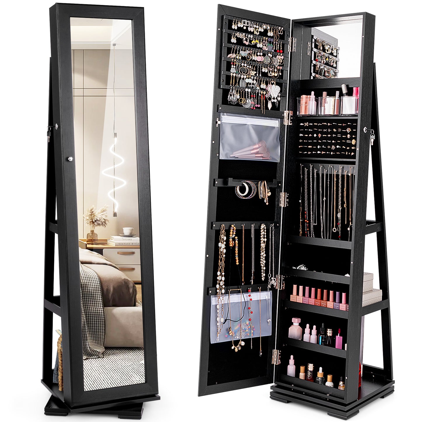 360° Rotatable 2-in-1 Lockable Jewelry Cabinet with Full-Length Mirror-Black Kids Crystal