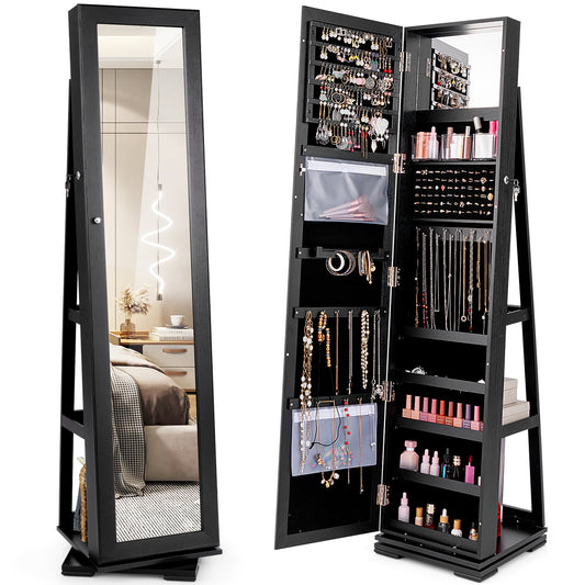 360° Rotatable 2-in-1 Lockable Jewelry Cabinet with Full-Length Mirror-Black Kids Crystal
