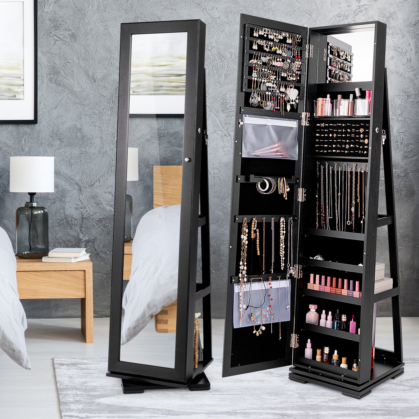 360° Rotatable 2-in-1 Lockable Jewelry Cabinet with Full-Length Mirror-Black Kids Crystal