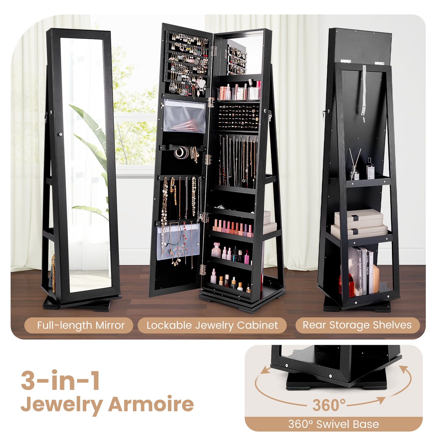 360° Rotatable 2-in-1 Lockable Jewelry Cabinet with Full-Length Mirror-Black Kids Crystal
