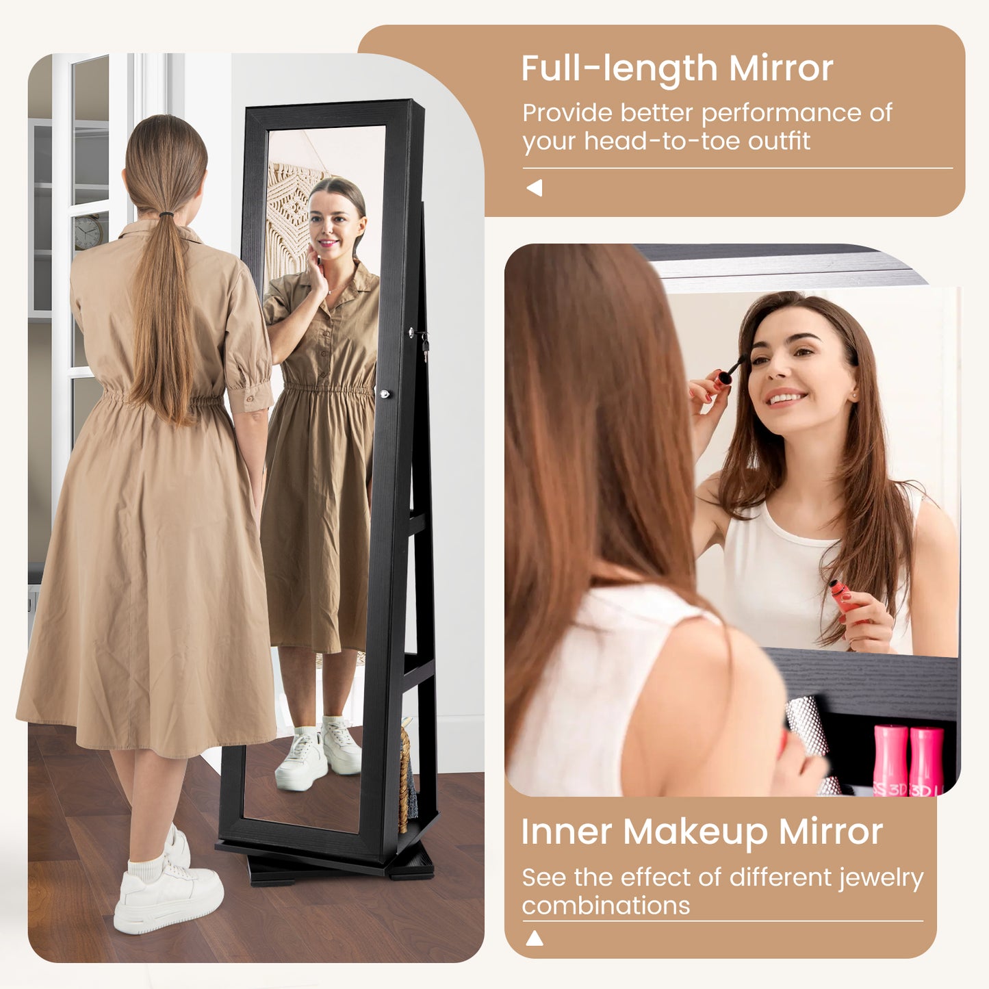 360° Rotatable 2-in-1 Lockable Jewelry Cabinet with Full-Length Mirror-Black Kids Crystal