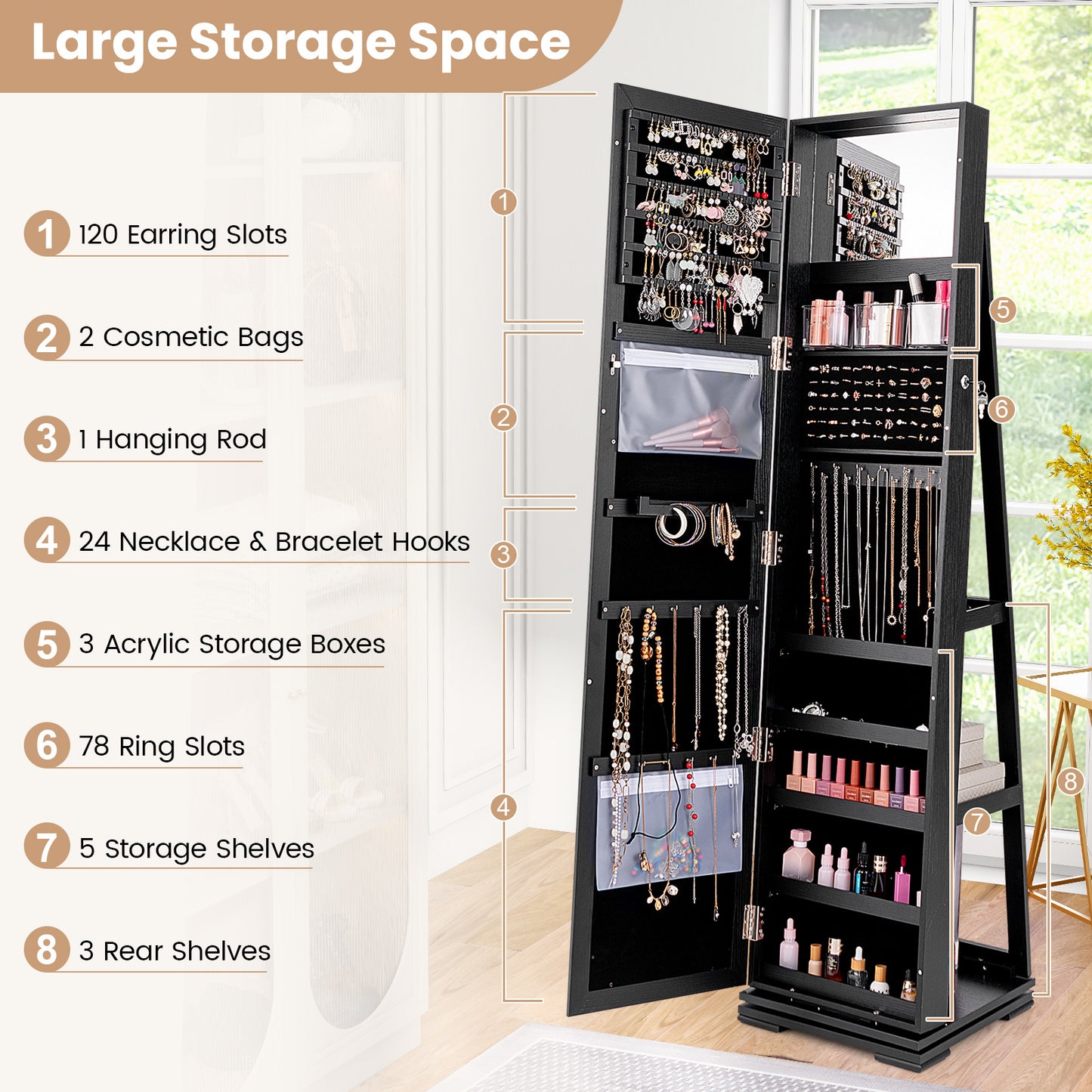 360° Rotatable 2-in-1 Lockable Jewelry Cabinet with Full-Length Mirror-Black Kids Crystal