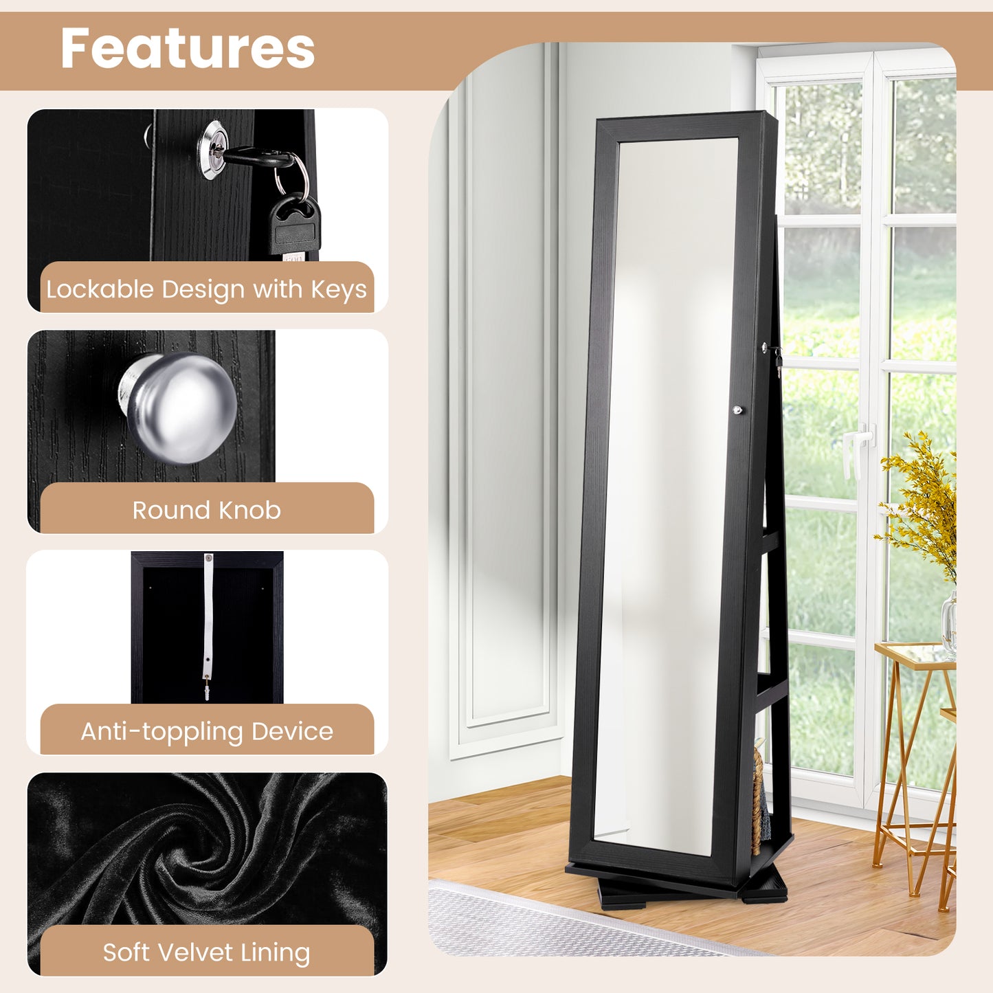 360° Rotatable 2-in-1 Lockable Jewelry Cabinet with Full-Length Mirror-Black Kids Crystal