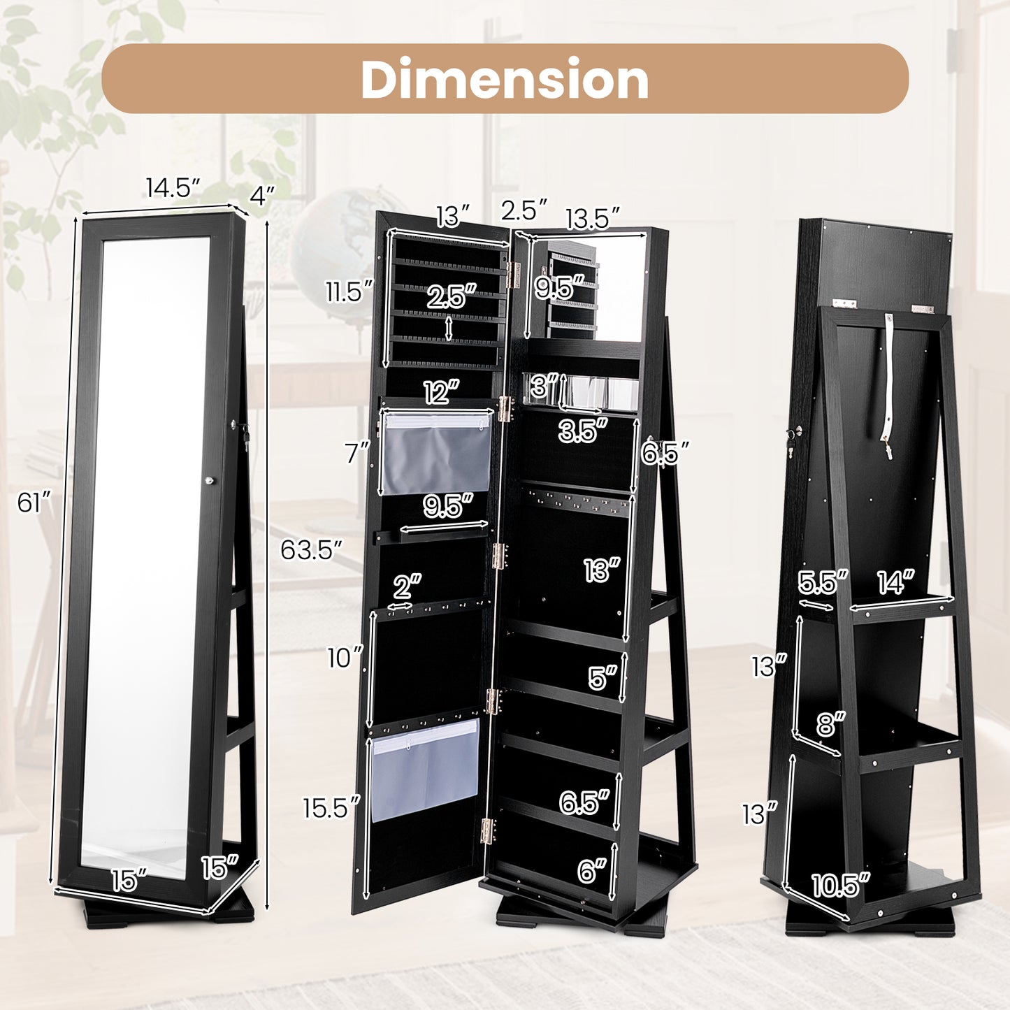 360° Rotatable 2-in-1 Lockable Jewelry Cabinet with Full-Length Mirror-Black Kids Crystal