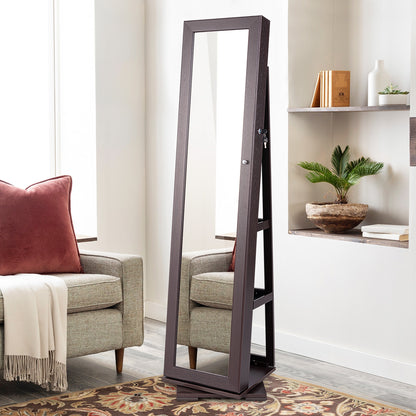 360° Rotatable 2-in-1 Lockable Jewelry Cabinet with Full-Length Mirror-Dark Brown