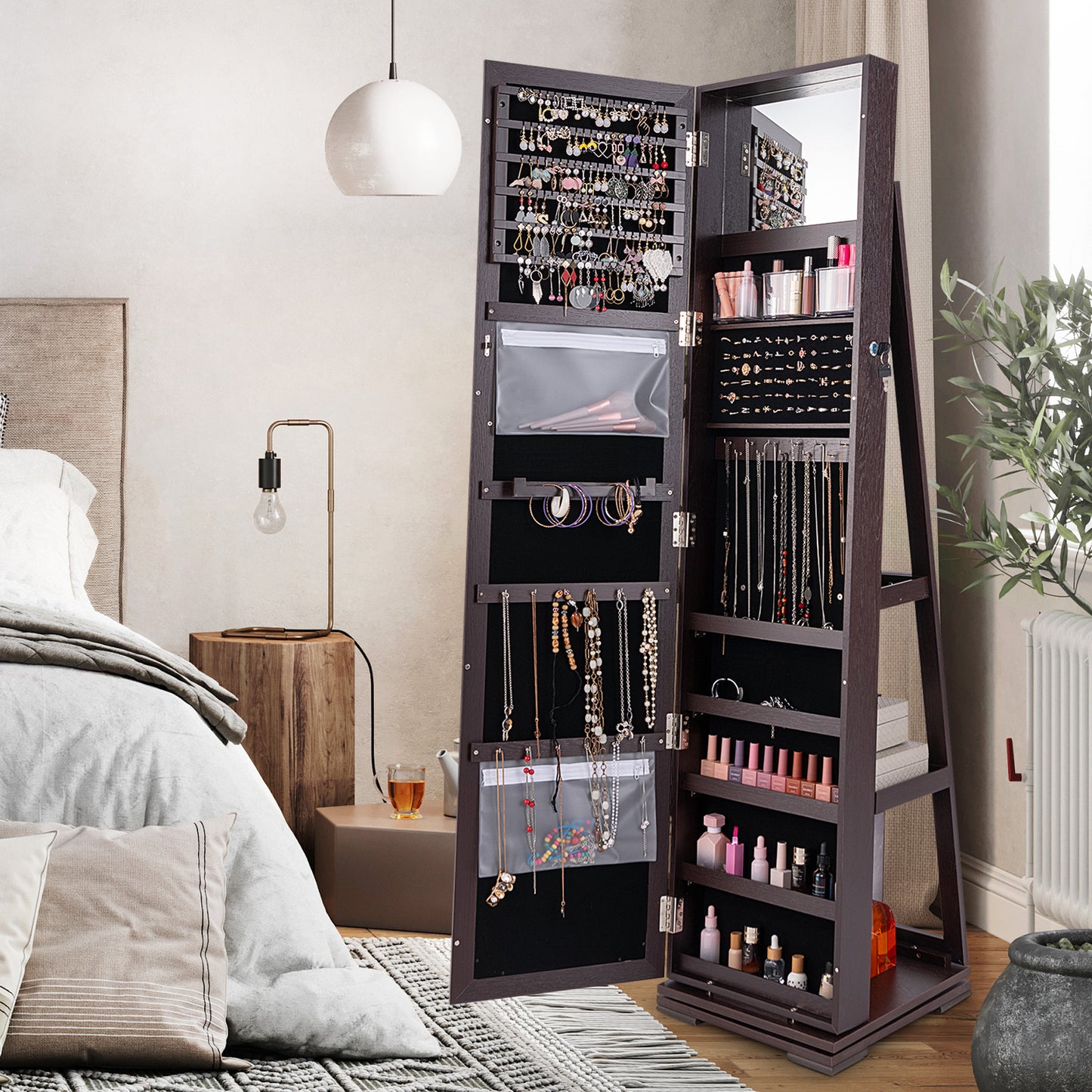 360° Rotatable 2-in-1 Lockable Jewelry Cabinet with Full-Length Mirror-Dark Brown Kids Crystal