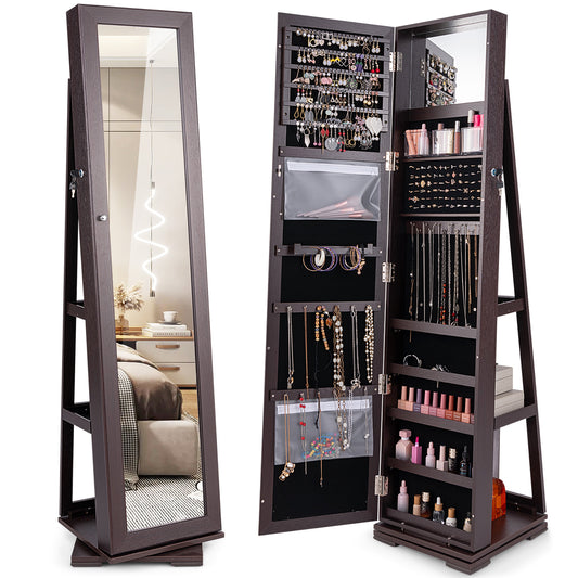360° Rotatable 2-in-1 Lockable Jewelry Cabinet with Full-Length Mirror-Dark Brown Kids Crystal