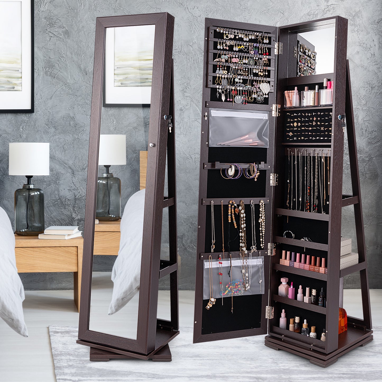 360° Rotatable 2-in-1 Lockable Jewelry Cabinet with Full-Length Mirror-Dark Brown Kids Crystal