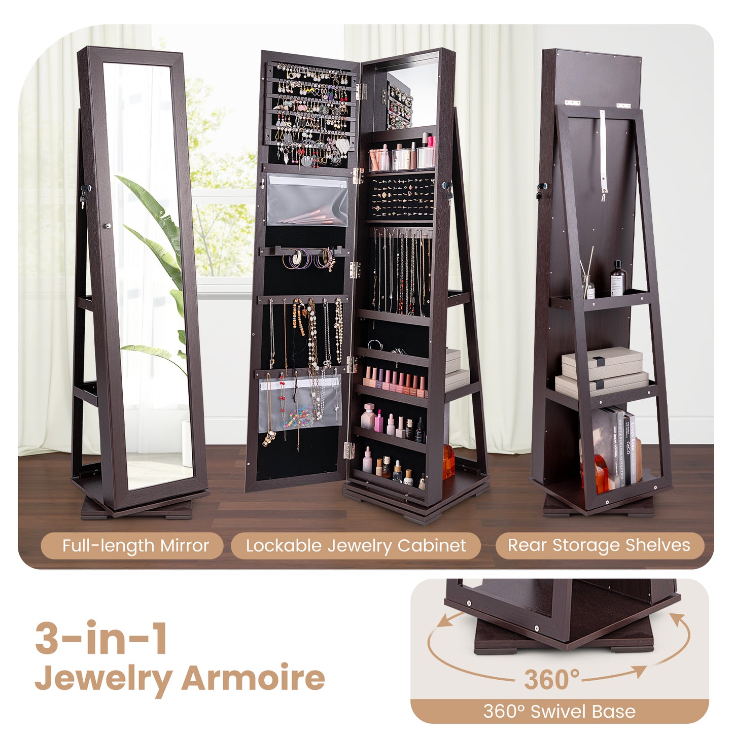 360° Rotatable 2-in-1 Lockable Jewelry Cabinet with Full-Length Mirror-Dark Brown Kids Crystal