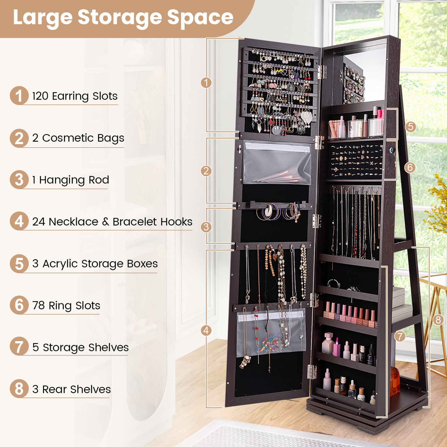 360° Rotatable 2-in-1 Lockable Jewelry Cabinet with Full-Length Mirror-Dark Brown Kids Crystal