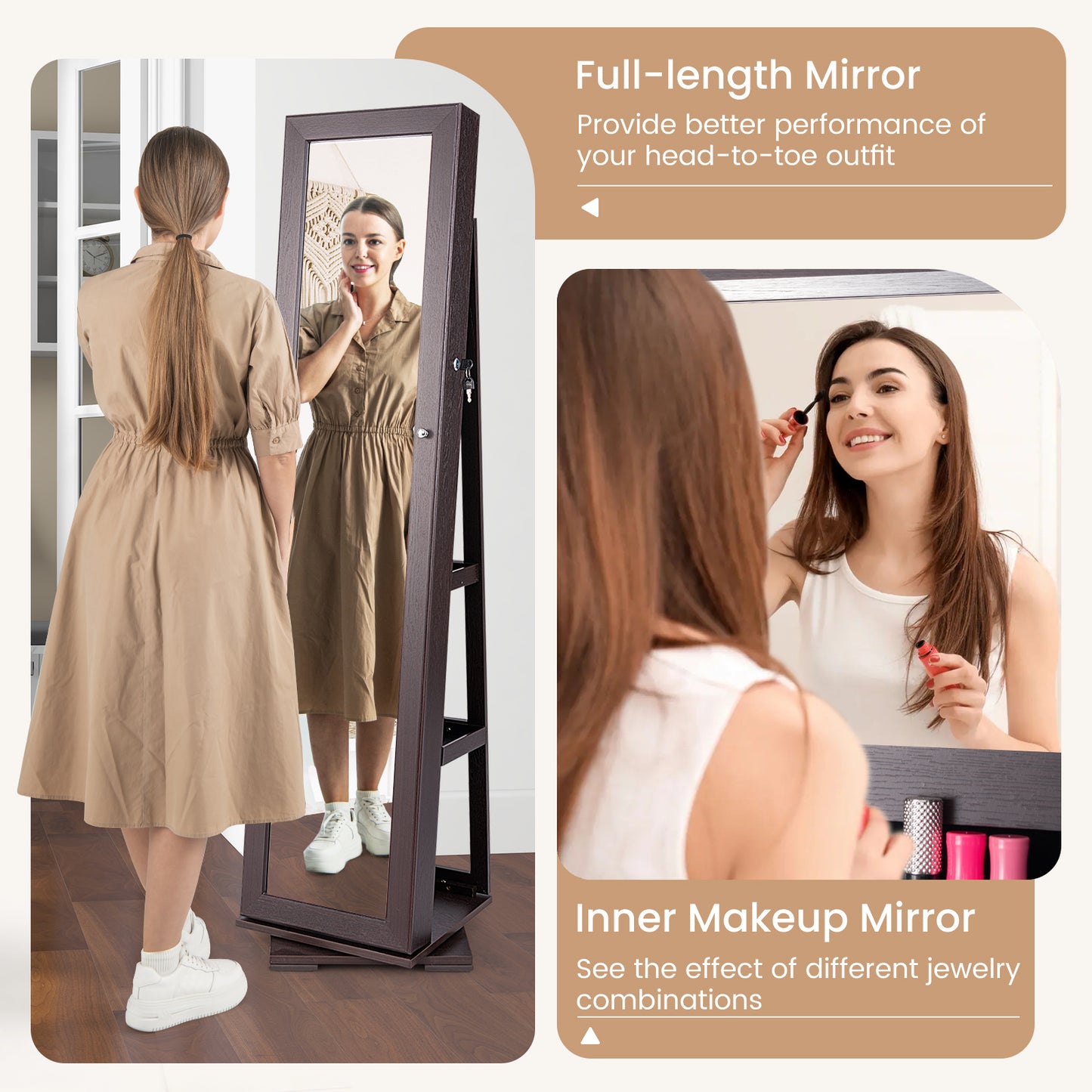 360° Rotatable 2-in-1 Lockable Jewelry Cabinet with Full-Length Mirror-Dark Brown Kids Crystal