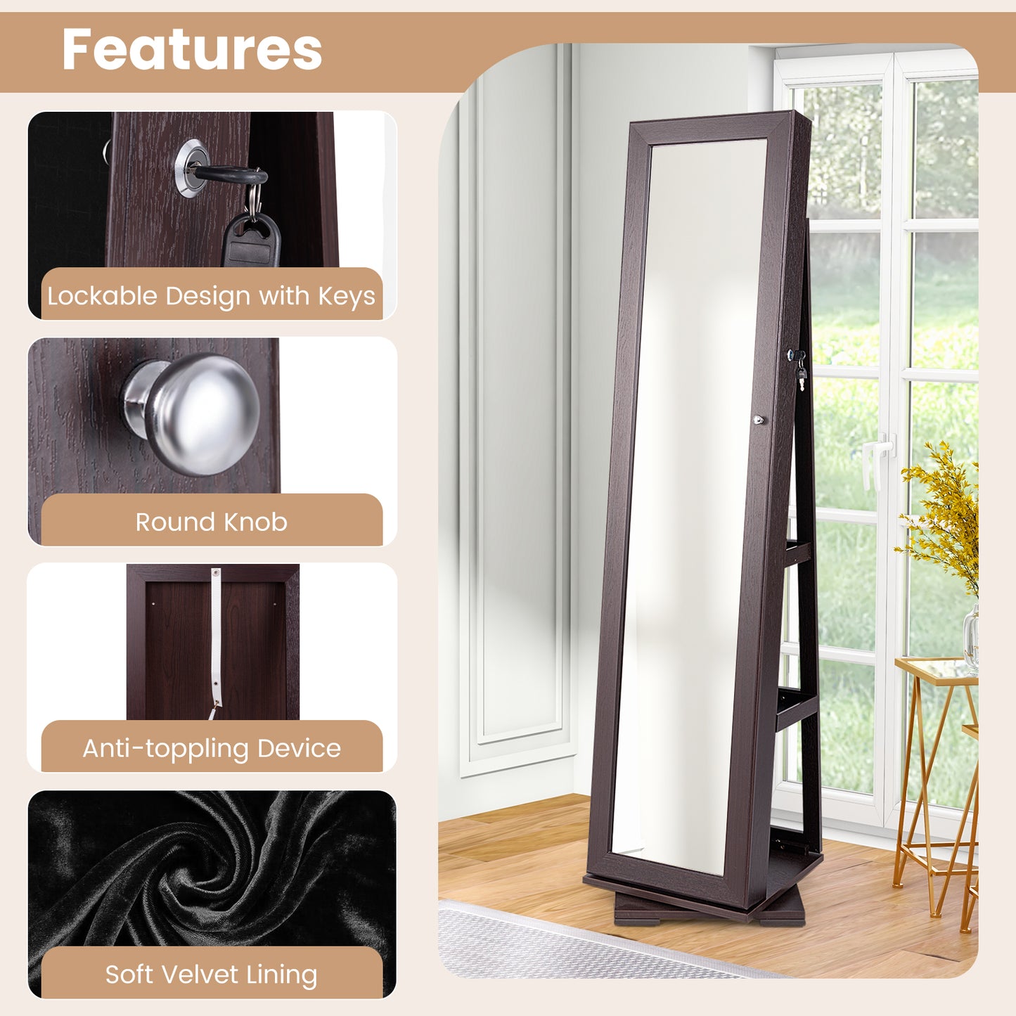 360° Rotatable 2-in-1 Lockable Jewelry Cabinet with Full-Length Mirror-Dark Brown Kids Crystal