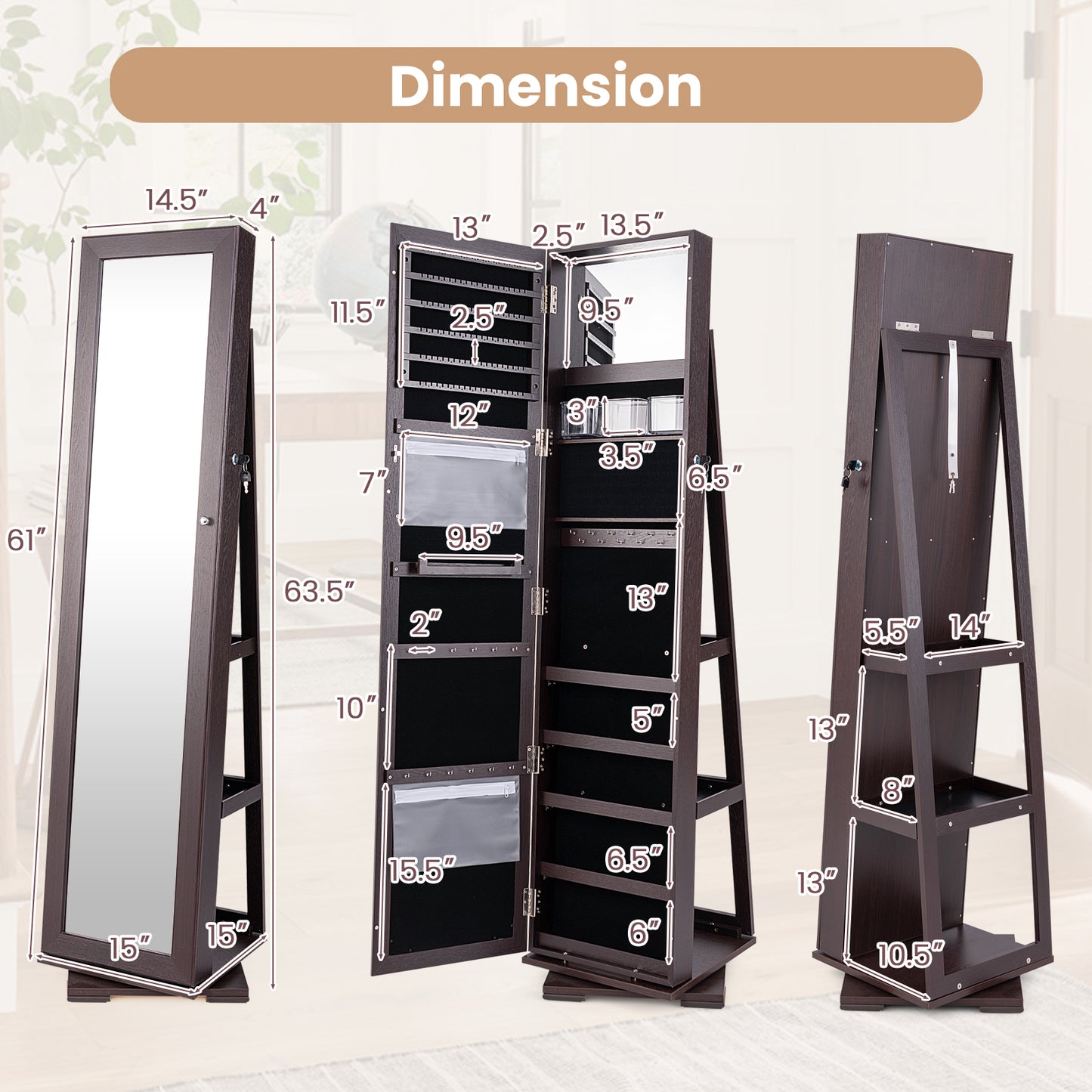 360° Rotatable 2-in-1 Lockable Jewelry Cabinet with Full-Length Mirror-Dark Brown Kids Crystal